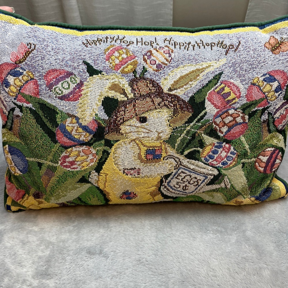 Vintage Tapestry Easter Bunny Throw Pillow 19.5"x13" Green Garden Decor Bolster